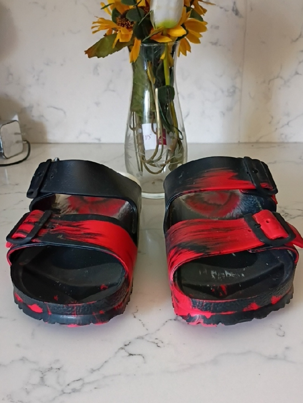 Birkenstock Black and Red Painted Slide Sandals - Picture 2 of 7